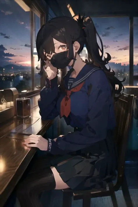 masterpiece, best quality, <lora:smgsukeban-nvwls-v1-000009:0.9> smgsukeban, ponytail, halo, mouth mask, blue serafuku, blue shirt, long sleeves, white neckkerchief, midriff, blue skirt, large breasts, looking at viewer, sky, sitting, from side, cityscape