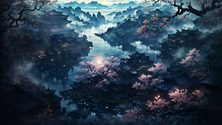 traditional chinese landscapemasterpiece, best quality,Peach blossoms, petals falling(wide shot, wide-angle lens,Panoramic:1.2),super vista, super wide AngleLow Angle shooting, super wide lens, 1girl, art direction of a character in traditional oriental costume, in the style of ethereal, ghostly figures, mist, i can't believe how beautiful this is, white and gray, swirling vortexes, ethereal cloudscapes, feminine sensibilities(from above:1.2),
<lora:~Q?-l4Nafo traditional chinese landscape:0.8>