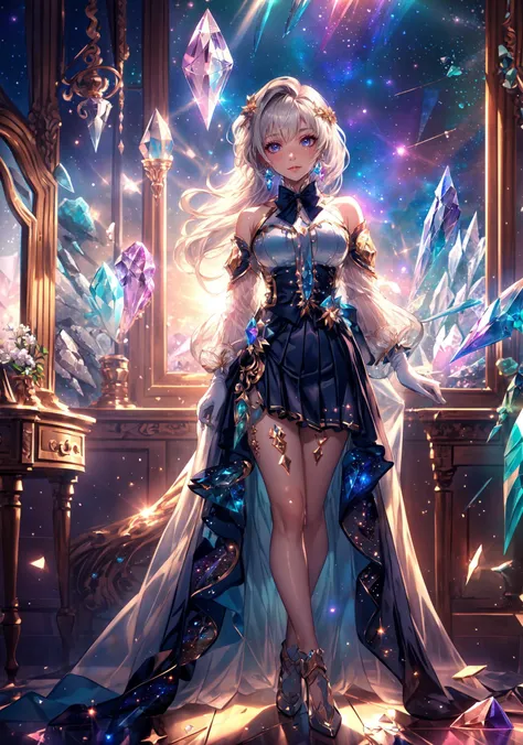 (((crystals texture Hair))),{{{{{extremely detailed CG}}}}},{{8k_wallpaper}},{{{{Crystalline purple gemstone gloves}}}},((beautiful detailed Glass hair)),((Glass shaped texture hand)),((Crystallize texture body)),Gem body,Hands as clear as jewels,Crystallization of clothes,((crystals texture skin)),sparkle,lens flare,light leaks,Broken glass,{{{{Detailed Glass shaped clothes}}}},((masterpiece)),(((best quality))),((ultra-detailed)),((illustration)),((disheveled hair)),((frills)),(1 girl:1.5),(solo),dynamic angle,big top sleeves,floating,beautiful detailed gemstone sky,gemstone sea,beautiful detailed eyes,overexposure,side blunt bangs,hairs between eyes,ribbons,bowties,buttons,bare shoulders,pleated skirt,crystals texture flowers,((Detailed crystallized clothing)),(gemstone of body),solo focus,star_(sky),hyper_galaxy,(starry sky:1.2),(aerial:1.2),(full body:1.2),<lora:绪å¿-è¶
æ¢¦å¹»åºæ¯_V1:0.6>,masterpiece,best quality,highly detailed,Amazing,finely detail,extremely detailed CG unity 8k wallpaper,score:>=60,beautiful detailed eyes,Fine hair texture,<lora:3_å
¨èº«å§¿å¿model_full_body_v1:0.4>,
