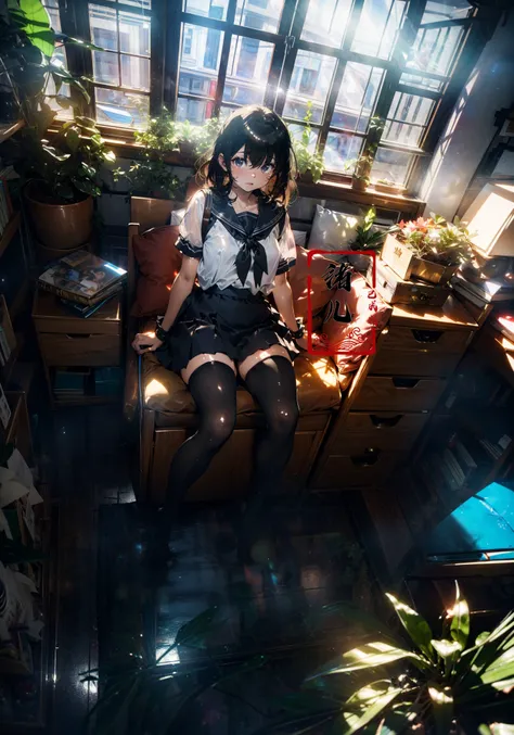 Epic CG masterpiece, an anime girl in a room with plants, no shoes, Black transparent pantyhose, pleated skirt, Sailor suit, sailor collar, in the style of photorealistic urban scenes, applecore, sandalpunk, high-angle, vacation dadcore, solarizing master
1girl,  Milky skin, (shiny skin:1.4)silk stockings
<lora:~Q?-3QI\Ys window:0.8>