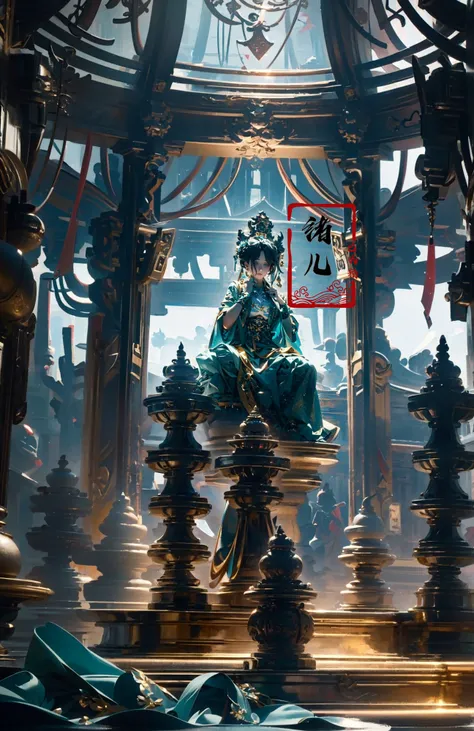 Epic CG masterpiece, hdr,dtm, full ha,8K, ultra detailed graphic tension, dynamic poses, stunning colors, 3D rendering, surrealism, cinematic lighting effects, realism, 00 renderer, super realistic, full - body photos, super vista, super wide Angle, HD
Zen1girljewelrysoloearringshair ornament(wide shot, wide-angle lens,Panoramic:1.2),super vista, super wide AngleLow Angle shooting, super wide lens, dark turquoise and light gold,
Sit in meditation, makeupchinese clothes  <lora:~Q?-y Zen:0.8>