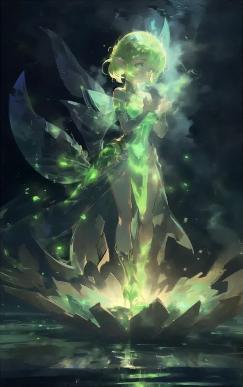 a Analogue shot of a woman, dressed with gas, green glowing Pixie Cut hair, peridot green glowing body, SFW <lora:luminous body:0.8>