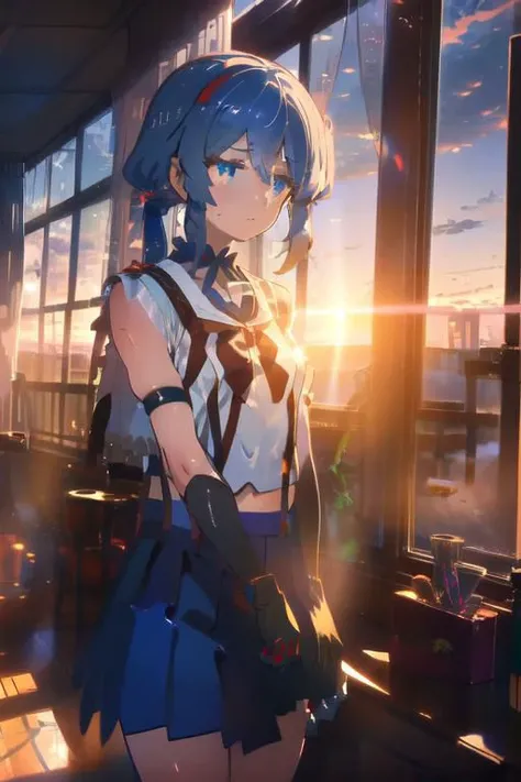 (masterpiece, best quality), Re=L Rayford, short hair with long locks, blue hair, ponytail, blue eyes, red ribbon, sidelocks, ahoge, school uniform, suspenders, blue capelet, white shirt, blue choker, choker, miniskirt, white skirt, navel, gloves, dream like, looking at viewer, AGGA_ST012, disdainful eyes, natural lighting, sunset, window, cinematic, movie still,