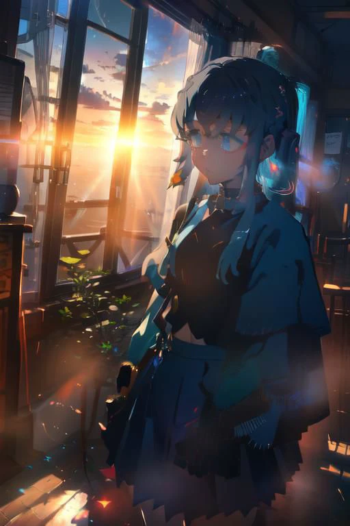 (masterpiece, best quality), muichiro, short hair with long locks, blue hair, ponytail, blue eyes, red ribbon, sidelocks, ahoge, school uniform, suspenders, blue capelet, white shirt, blue choker, choker, miniskirt, white skirt, navel, gloves, dream like, looking at viewer, AGGA_ST012, disdainful eyes, natural lighting, sunset, window, cinematic, still,