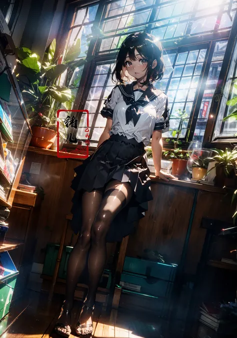Epic CG masterpiece, an anime girl in a room with plants, no shoes, Black transparent pantyhose, pleated skirt, Sailor suit, sailor collar, in the style of photorealistic urban scenes, applecore, sandalpunk, high-angle, vacation dadcore, solarizing master
1girl,  Milky skin, (shiny skin:1.4)silk stockings
<lora:~Q?-3QI\Ys window:0.8>