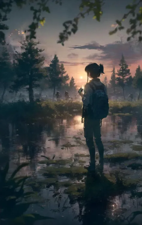 on a swamp battlefield, a dynamic Full Shot of 1boy of 20yo (èè² ä¸å¤«:1.3) Whisper Squad