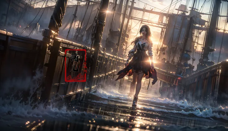 Epic CG masterpiece, hdr,dtm, full ha,8K, ultra detailed graphic tension, dynamic poses, stunning colors, 3D rendering, surrealism, cinematic lighting effects, realism, 00 renderer, super realistic, full - body photos, super vista, super wide Angle, HD(wide shot, wide-angle lens,Panoramic:1.2),super vista, super wide AngleLow Angle shooting, super wide lens,
Pirate (Mole under eye:0.8), Milky skin, (shiny skin:1.4)A mature facesideways glance, (cold attitude,eyeshadow,eyeliner:1.1),(red lips:1.3),watery eyes, (full body:1.5),
A shot with tension(sky glows red,Visual impact,giving the poster a dynamic and visually striking appearance:1.2),
<lora:~Q?-`mwNPirate:0.8>