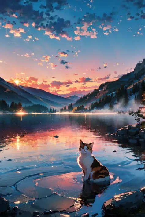 A calico cat sitting on the shore of a lake surrounded by mountains, under a pink dawn