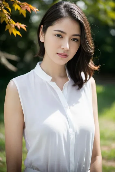 1girl,(wearing a blouse:1.2),(RAW photo, best quality), (realistic, photo-realistic:1.4), masterpiece, an extremely delicate and beautiful, extremely detailed, 2k wallpaper, Amazing, finely detail, extremely detailed CG unity 8k wallpaper, ultra-detailed, highres, soft light, beautiful detailed girl, extremely detailed eyes and face, beautiful detailed nose, beautiful detailed eyes,cinematic lighting,autumn scenery,maple trees in the background,bokeh,perfect anatomy,slender body, <lora:nagasawamasami_lora:0.8>