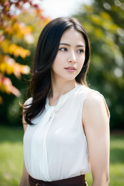 1girl,(wearing a blouse:1.2),(RAW photo, best quality), (realistic, photo-realistic:1.4), masterpiece, an extremely delicate and beautiful, extremely detailed, 2k wallpaper, Amazing, finely detail, extremely detailed CG unity 8k wallpaper, ultra-detailed, highres, soft light, beautiful detailed girl, extremely detailed eyes and face, beautiful detailed nose, beautiful detailed eyes,cinematic lighting,autumn scenery,maple trees in the background,bokeh,perfect anatomy,slender body, <lora:nagasawamasami_lora:0.8>