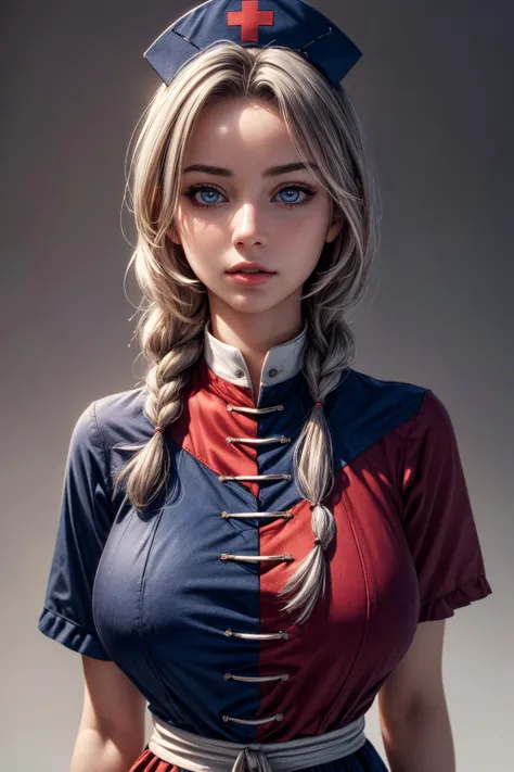 (ultra realistic,32k, masterpiece:1.2),(high detailed skin:1.1),( 8k uhd, dslr, high quality:1.1),
 <lora:touhou_yagokoro:0.7>yagokoro eirin, braid, nurse cap, dress, short sleeves,  grey hair ,(blue eyes:0.8), , <lora:add_detail:0.89>, (huge breast:1.1), 
(looking at viewer, Bend forward:1.1),
,(soft shaded:1.1),blank background