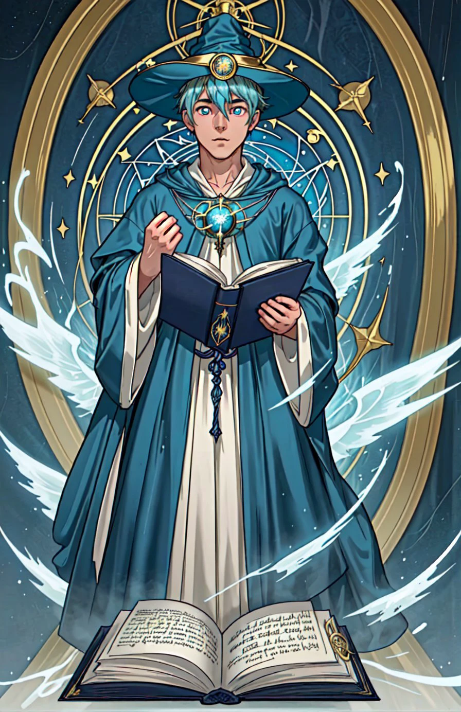 boy, cyan hair, wizard hat, wizard robes, (huge eyes), open book, (()), armillary sphere, (closeup), neoclassical architecture