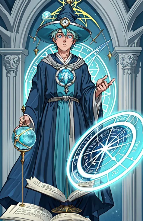 boy, cyan hair, wizard hat, wizard robes, (huge eyes), open book, ((child)), armillary sphere, (closeup), neoclassical architecture