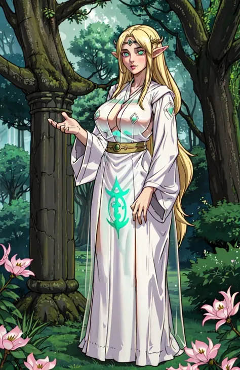 elf, girl, ((young)), ((teen)), ((big eyes)), [tall], long hair, blonde, sexy, circlet, solo, (big breasts), (priestess), (transparent robes:1.3), pale skin, (elven tree tower), [glowing flowers], pupil