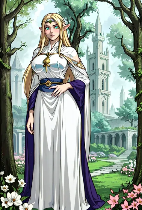 elf, girl, ((young)), ((teen)), ((big eyes)), [tall], long hair, blonde, sexy, circlet, solo, big breasts, (priestess), (transparent robes), transparent, pale skin, (elven tree tower), [glowing flowers]