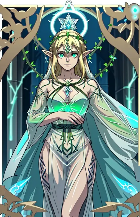 girl, (transparent robes:1.2), (elf), big breasts, priestess, holy maiden, green eyes, blonde, circlet, sanctuary, vines, (transparent clothes:1.4), (glowing groin tattoo:1.3), closeup