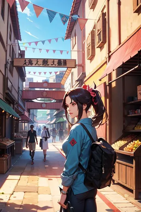 hyper realistic, best quality, 4k, extreme detailed, perfect face, perfect body, smooth skin, <lora:ARWKonohaVillage:1> konohavillage, food stands, street alley, mass of people, street vendors,