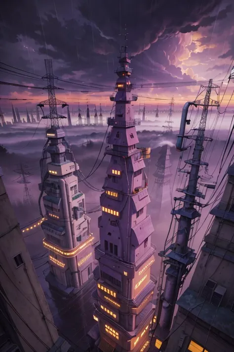 lanscape, amegakure buildings, towers, dawn, cables, heavy rain, purple sky cloud, pipes, electricity, fog, cloudy sky, anime style, ghibli style, ray of lights, <lora:ARWAmegakure:1>