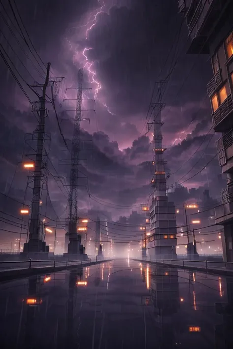 lanscape, amegakure buildings, towers, dawn, cables, heavy rain, purple sky cloud, pipes, electricity, fog, cloudy sky, anime style, ghibli style, ray of lights, <lora:ARWAmegakure:1>