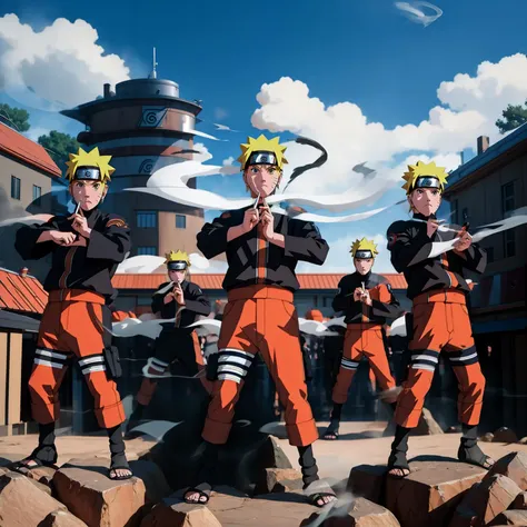 <lora:Shadow_clone-09:0.9> shadow clone, clone, ((smoke)), hand gesture, 6+boys <lora:ARWKonohaVillage:0.8> konohavillage , , buildings full body, short blonde hair, orange and black clothes <lora:Naruto:0.7> uzumaki naruto