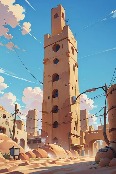 lanscape, sunagakure buildings, towers, cables, desert, dust, sand, sky cloud, pipes, electricity, cloudy sky, anime style, ghibli style, <lora:ARWSunagakure:1>