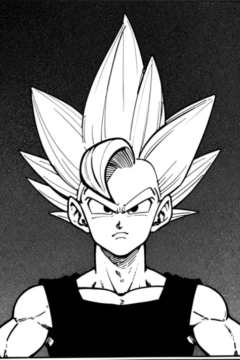 emangaz, dbz, 1boy, ((monochrome)), grayscale, 8k, ((masterpiece)), HDR, professional <lora:emangaz2:0.6>
