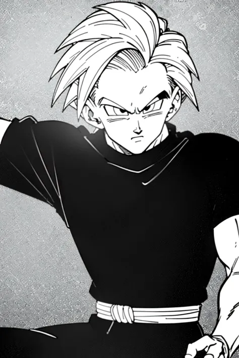 emangaz, dbz, 1boy, ((monochrome)), grayscale, 8k, ((masterpiece)), HDR, professional <lora:emangaz2:0.6>