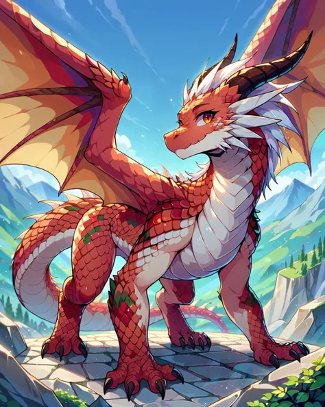 score 9, score 8 up, 1girl, masterpiece, <lora:MegaScalyPony:1>, MegaScalyPony, scales, no_humans, feral, red dragon, all fours, dragon horns, dragon tail, dragon wings, outdoors, mountain,