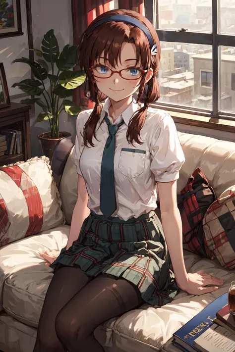 masterpiece,best quality,1girl,solo,mari makinami,blue eyes,brown hair,glasses,headband,twintails,dress shirt,pantyhose,plaid,plaid skirt,school uniform,shirt,skirt,smile,sitting on couch,living room,indoors,<lora:marimakinamitest:1>,