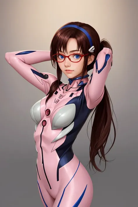 masterpiece, best quality, beautiful girl, 1girl, arms behind head,looking at viewer, <lora:marimakinamitest:1> mari makinami, blue eyes, brown hair, glasses, headband, twintails, bodysuit, pink bodysuit, plugsuit,,