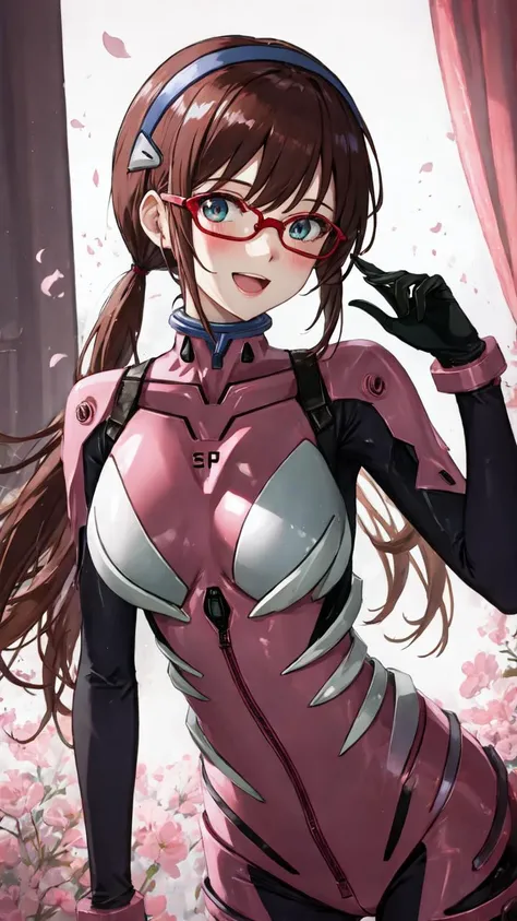 Mikinami, 1girl, solo, long hair, brown hair, hairband, glasses, blue eyes, twintails, smile, bodysuit, plugsuit, pink bodysuit, breasts, medium breasts, red-framed eyewear, looking at viewer, bangs, cowboy shot, semi-rimless eyewear, cowboy shot, under-rim eyewear, low twintails, outdoors, day, clouds, cherry blossom trees, cherry blossom, mount fuji, looking back, from behind, ass focus, buttocks,
<lora:Mikinami:0.7>