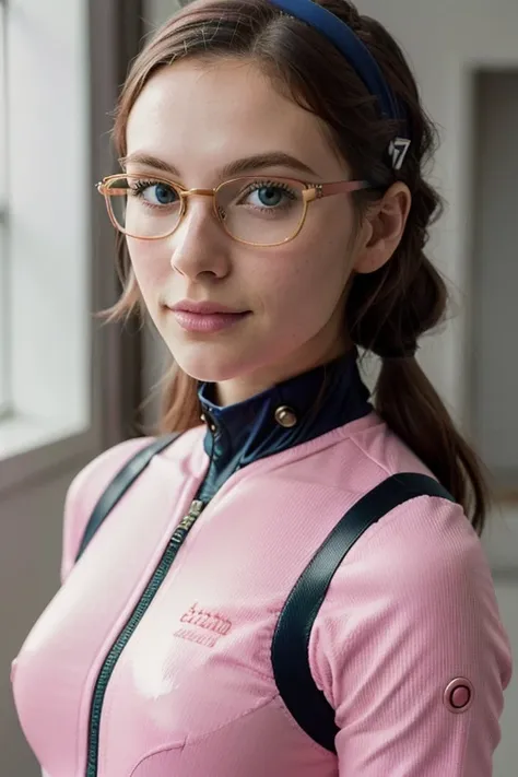 Lifestyle photography photo (natural lighting:1.3), shot at eye level, on a Sony A7111, with a (soft focus filter:1.3),(in the style of Wes Anderson:1.3) <lora:marimakinamitest:1>, mari makinami, blue eyes, brown hair, glasses, headband, twintails, bodysuit, pink latex bodysuit, plugsuit,,