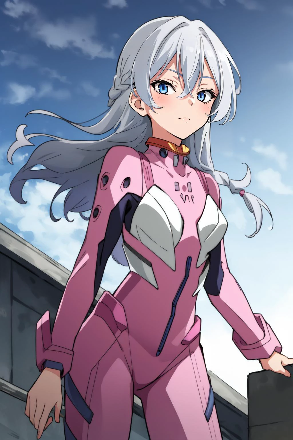 (masterpiece, best quality), intricate details,
(1girl), solo, <lora:60_Elaina:0.8> ChopioElaina, silver hair, long hair, hair between eyes, blue eyes, hair ornament, braid, single braid, looking at viewer,
<lora:marimakinamitest:0.8>, bodysuit, pink bodysuit, plugsuit
