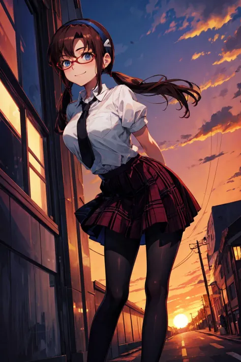 masterpiece,best quality,1girl,solo,mari makinami,blue eyes,brown hair,glasses,headband,twintails,dress shirt,pantyhose,plaid,plaid skirt,school uniform,shirt,skirt,smile,confident,bent over,arms behind back,street,dusk,(from below),dutch angle,<lora:marimakinamitest:1>,