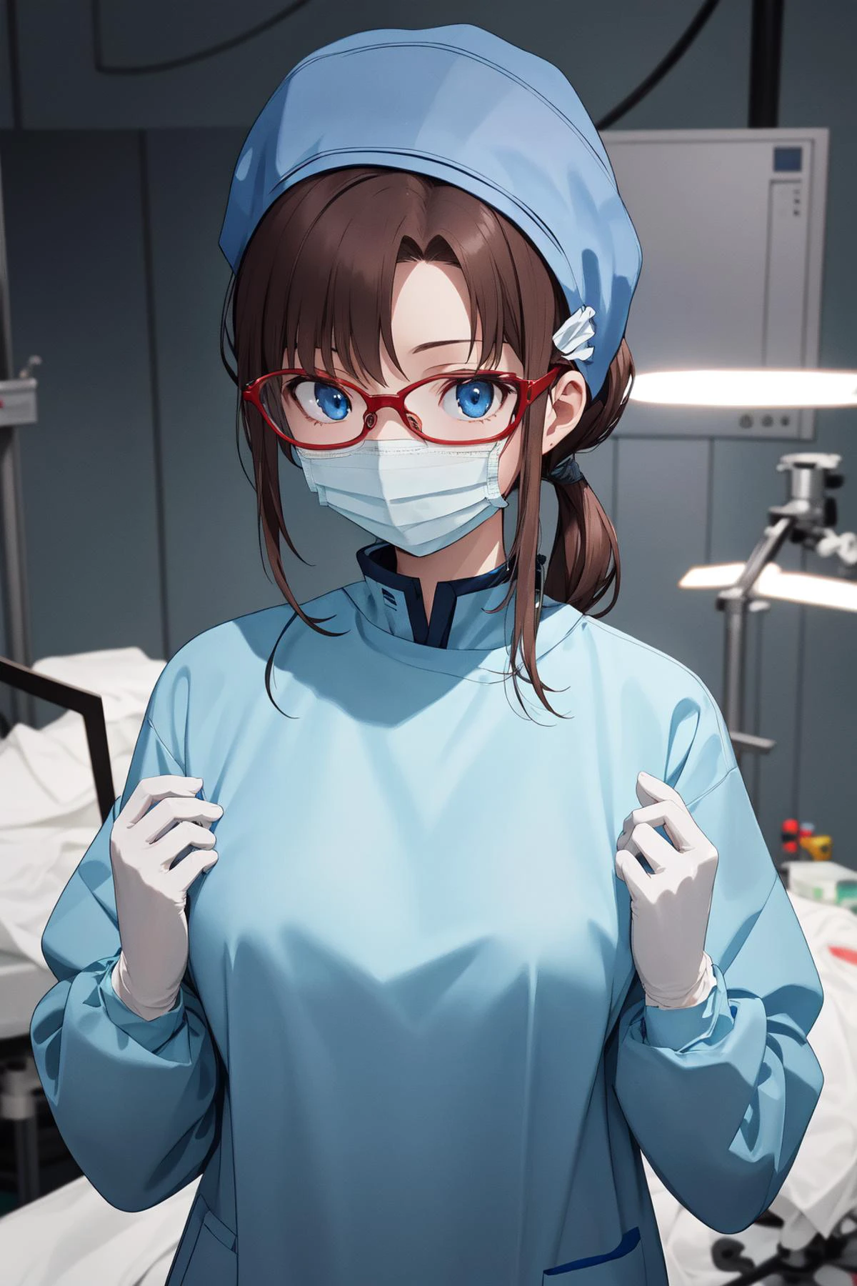 (RAW photo, best quality), 1girl, long sleeve surgical outfit, surgical mask, surgical gloves, surgical cap, operating room, overhead surgical light, (solo), blurred background, focused
<lora:concept_clothing_surgical_outfits_hand_over_chest_v3_1:1>, hand_over_chest,
<lora:marimakinamitest:1> mari makinami, blue eyes, brown hair, glasses,