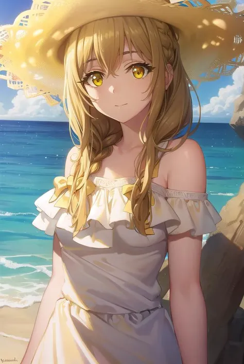 guildgirl, <lora:guild girl s2-lora-nochekaiser:1>,
guild girl, long hair, brown hair, (yellow eyes:1.5), braid, single braid, smile,
BREAK hat, dress, bow, white dress, sun hat, bare shoulders, collarbone,
BREAK outdoors, beach,
BREAK looking at viewer, (cowboy shot:1.5),
BREAK <lyco:GoodHands-beta2:1>, (masterpiece:1.2), best quality, high resolution, unity 8k wallpaper, (illustration:0.8), (beautiful detailed eyes:1.6), extremely detailed face, perfect lighting, extremely detailed CG, (perfect hands, perfect anatomy),