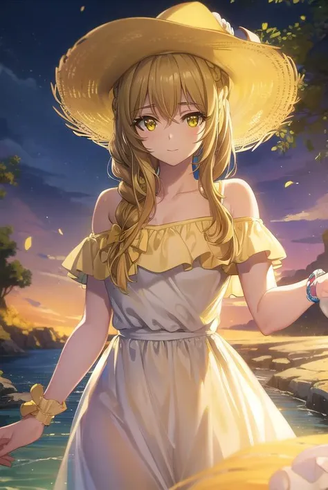 guildgirl, <lora:guild girl s2-lora-nochekaiser:1>,
guild girl, long hair, brown hair, (yellow eyes:1.5), braid, single braid, smile,
BREAK hat, dress, bow, white dress, sun hat, bare shoulders, collarbone,
BREAK outdoors, beach,
BREAK looking at viewer, (cowboy shot:1.5),
BREAK <lyco:GoodHands-beta2:1>, (masterpiece:1.2), best quality, high resolution, unity 8k wallpaper, (illustration:0.8), (beautiful detailed eyes:1.6), extremely detailed face, perfect lighting, extremely detailed CG, (perfect hands, perfect anatomy),