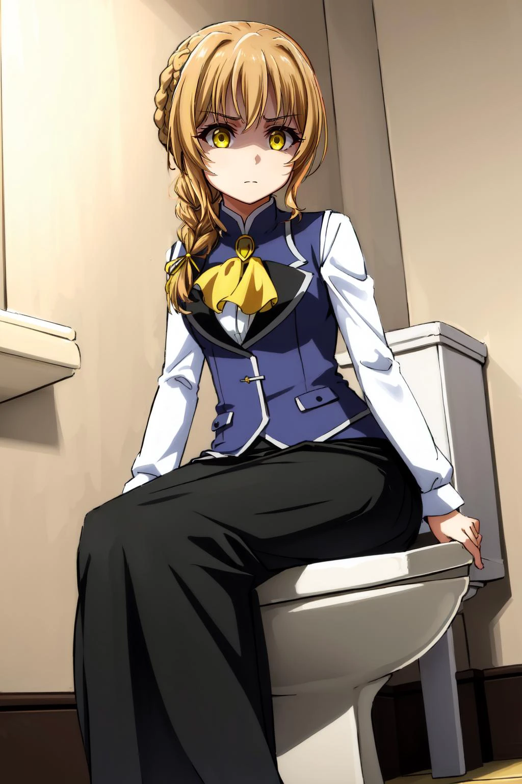 (masterpiece, best quality), intricate details,
1girl, <lora:guildgirl-lora-nochekaiser:0.8> guild girl, long hair, blonde hair, (yellow eyes:1.5), braid, single braid,, skirt, shirt, long sleeves, white shirt, pantyhose, black skirt, vest, long skirt, yellow ribbon, ascot, yellow ascot,
indoors, toilet, sitting on toilet, peeing, bathroom, <lora:glaringV_Conv2D:0.8> glaring <lora:shadedFaceEyesIn_shadedFace:0.8> shaded face, skirt around ankles, skirt pulled down,
