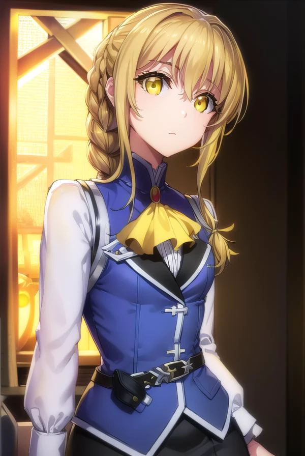 guildgirl, <lora:guildgirl-lora-nochekaiser:1>,
guild girl, long hair, blonde hair, (yellow eyes:1.5), braid, single braid,
BREAK skirt, shirt, long sleeves, white shirt, pantyhose, black skirt, vest, long skirt, yellow ribbon, ascot, yellow ascot,
BREAK looking at viewer,
BREAK outdoors, city,
BREAK <lora:GoodHands-vanilla:1>, (masterpiece:1.2), best quality, high resolution, unity 8k wallpaper, (illustration:0.8), (beautiful detailed eyes:1.6), extremely detailed face, perfect lighting, extremely detailed CG, (perfect hands, perfect anatomy),