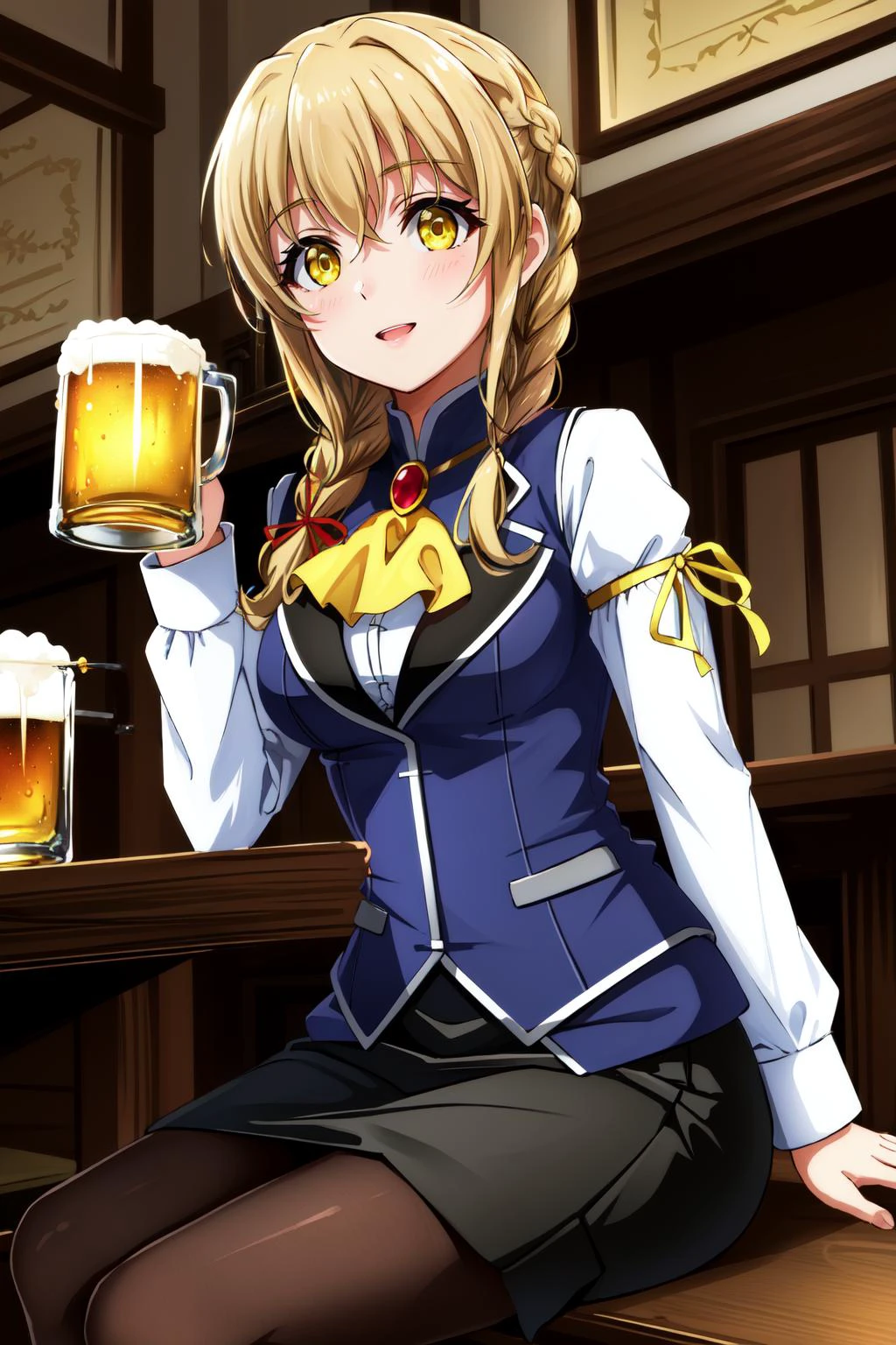 (masterpiece, best quality), intricate details,
1girl, <lora:guildgirl-lora-nochekaiser:0.8> guild girl, long hair, blonde hair, (yellow eyes:1.5), braid, single braid,, skirt, shirt, long sleeves, white shirt, pantyhose, black skirt, vest, long skirt, yellow ribbon, ascot, yellow ascot,
indoors, tavern, sitting at table, mug of ale, drunk happy, beer, glass mug,