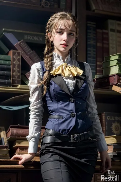 (realistic:1.3), finely detailed, quality, rembrandt lighting, (masterpiece:1.2), (photorealistic:1.2), (best quality), (detailed skin:1.3), (intricate details), dramatic, ray tracing, 1girl, german girl, 21 years old, detailed skin texture, (blush:0.5), (goosebumps:0.5), subsurface scattering, smiling, medium breasts, guild girl, long hair, blonde hair, braid, single braid, skirt, shirt, long sleeves, white shirt, pantyhose, black skirt, vest, long skirt, yellow ribbon, ascot, yellow ascot, (guild hall, behind the desk, thick books, open books on desk), <lora:guildgirltest:1>