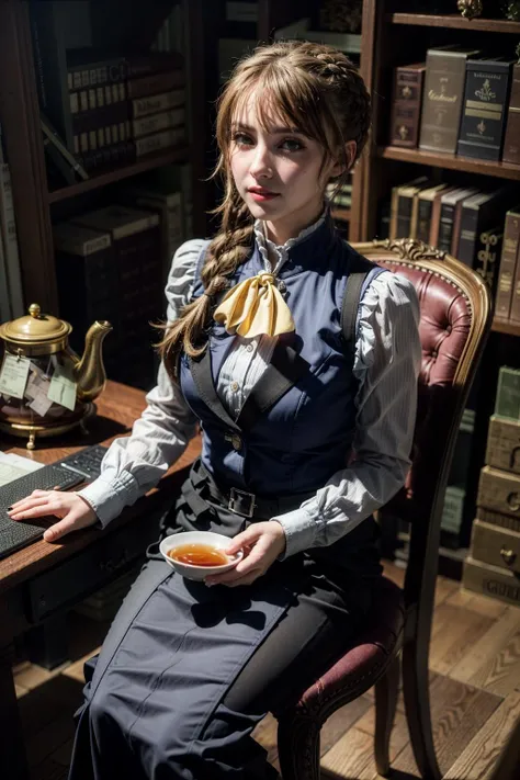 (realistic:1.3), finely detailed, quality, rembrandt lighting, (masterpiece:1.2), (photorealistic:1.2), (best quality), (detailed skin:1.3), (intricate details), dramatic, ray tracing, 1girl, german girl, 21 years old, detailed skin texture, (blush:0.5), (goosebumps:0.5), subsurface scattering, smiling, medium breasts, guild girl, long hair, blonde hair, braid, single braid, skirt, shirt, long sleeves, white shirt, pantyhose, black skirt, vest, long skirt, yellow ribbon, ascot, yellow ascot, (guild hall, sitting, desk, chair, drinking tea, teapot), <lora:guildgirltest:1>