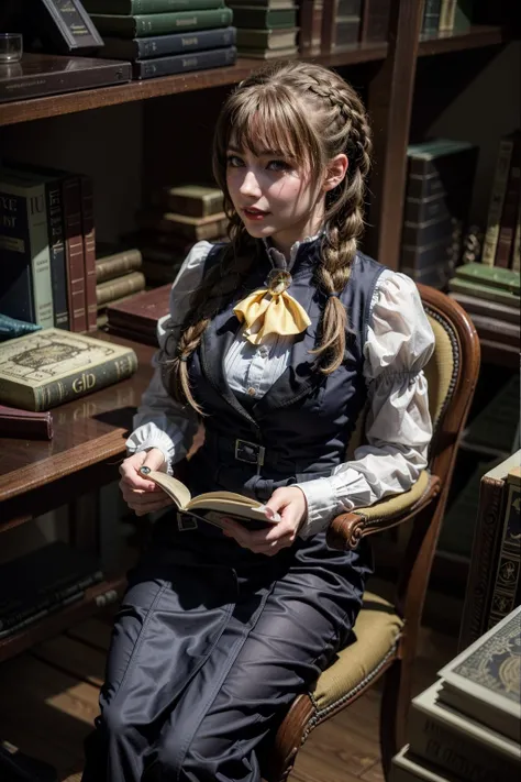 (realistic:1.3), finely detailed, quality, rembrandt lighting, (masterpiece:1.2), (photorealistic:1.2), (best quality), (detailed skin:1.3), (intricate details), dramatic, ray tracing, 1girl, german girl, 21 years old, detailed skin texture, (blush:0.5), (goosebumps:0.5), subsurface scattering, smiling, medium breasts, guild girl, long hair, blonde hair, braid, single braid, skirt, shirt, long sleeves, white shirt, pantyhose, black skirt, vest, long skirt, yellow ribbon, ascot, yellow ascot, (guild hall, sitting, desk, chair, writing in a book), <lora:guildgirltest:1>