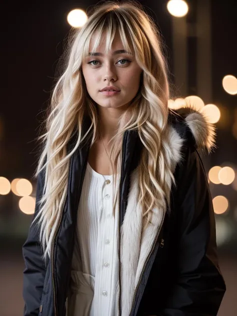 <lora:ellpur-03:1> ellpur,long hair,bangs,blonde hair,nighttime,wearing parka,masterpiece,bokeh,8k,uhd