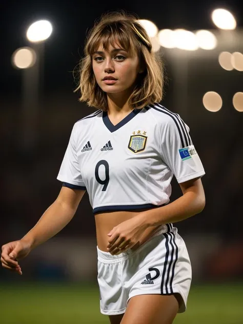 <lora:ellpur-03:1> ellpur,brown hair,bangs,blonde hair,nighttime,wearing soccer uniform,masterpiece,bokeh,8k,uhd