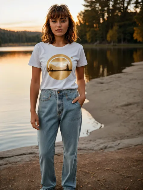 <lora:ellpur-03:1>  ellpur,brown hair,bangs,golden hour,at lake,wearing shirt,pants,masterpiece,bokeh,8k,uhd
