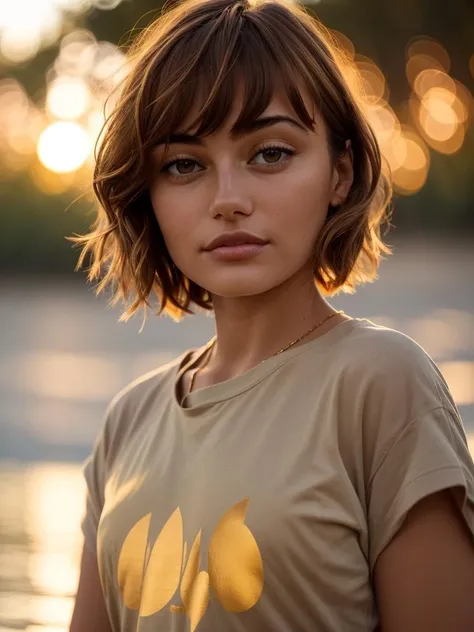 <lora:ellpur-03:1> ellpur,brown hair,bangs,golden hour,at lake,wearing shirt,pants,masterpiece,bokeh,8k,uhd