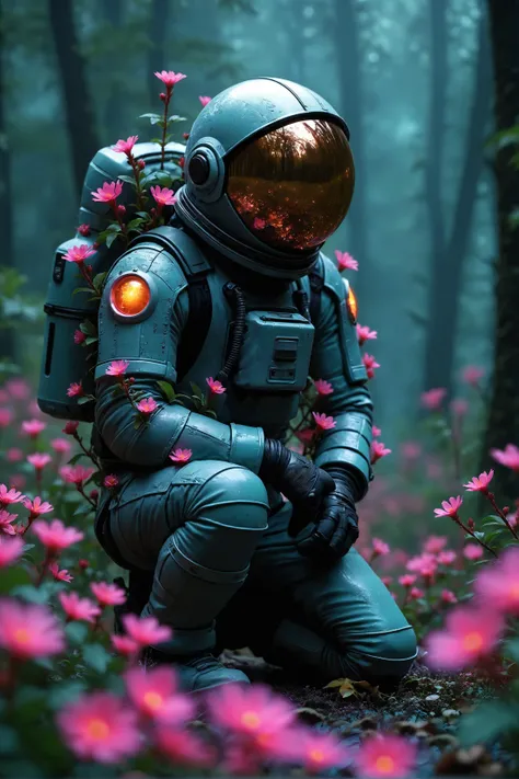 A lone astronaut in a futuristic suit, overgrown with glowing pink flowers, kneels in a dark, lush forest. The astronaut's visor reflects the surrounding greenery. The style is hyperrealistic with high detail. The lighting is low-key, with a teal and purple color scheme. A low camera angle captures the scene, showcasing the dense, detailed foliage. No film grain. High saturation and contrast.