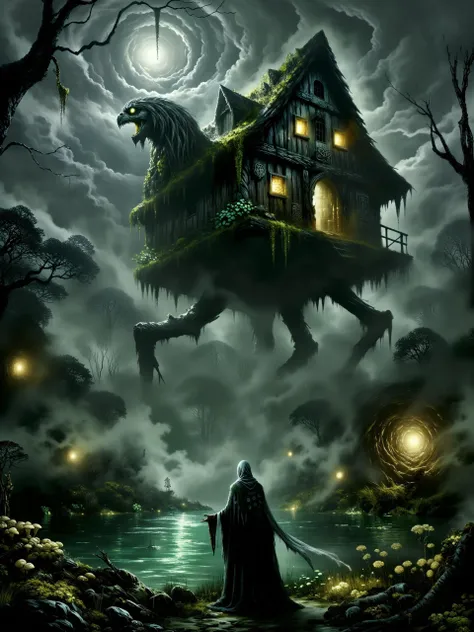 highly detailed dark fantasy-style painting of baba yaga, the witch, in front of her iconic hut on chicken legs, inspired by j.m.w. turner's shade and darkness - the evening of the deluge, eerie and foreboding atmosphere, romanticism, impressionism, surrealism, crepuscular rays, a mist-shrouded ancient primeval forest with otherworldly vegetation, thick with twisted, gnarled trees that loom menacingly over a swamp, tendrils of fog snake along the ground, dense underbrush cloaked in shadows, the landscape is wild, overgrown, and untamed, poisonous creeping vines and roots sprawled in every direction, and amidst the mist stands baba yagaâs infamous hut perched on two gigantic, otherworldly chicken legs, the hut appears crooked and unstable, yet it towers above the swamp, its twisted wooden structure covered in decaying moss and old, weathered runes, skulls and ominous talismans hanging from the roofâs edge, the foreground is filled with gnarled roots, glowing mushrooms, bioluminescent poisonous-looking swamp flowers, mossy rocks, and decaying leaves, in the background, ancient primeval trees stretch upwards into the mist, their branches clawing at the sky, the oppressive fog wraps everything in a suffocating grip, with baba yagaâs hut standing out in stark contrast, glowing faintly from within, baba yaga stands in the foreground, an old hag, her silhouette hunched, her long grey hair blowing wildly in the night breeze, she is cloaked in tattered robes of dark, earthy tones, her bony hands clutching a twisted wooden staff adorned with bone charms and feathers, her piercing eyes glow with a malevolent light as she gazes at the viewer, her expression twisted with a knowing, sinister grin of dark amusement, her hutâs massive chicken-like legs are mid-step, bent as it moves through the swamp, surrounded by swirling mist, the wooden structure ancient and weathered, the door slightly ajar as though beckoning to anyone foolish enough to approach, low-angle wide shot, the viewer looks up at baba yagaâs imposing figure and the towering hut, emphasizing their size and power, the hut looms ominously in the background while baba yaga stands near the foreground, her hutâs massive legs stepping through the swamp, casting ripples in the murky water below, the low angle creates a sense of looming danger and an overwhelming presence, the scene is dimly lit by the soft glow of the moon, with dappled moonlight filtering through clouds, faint beams of moonlight create dappled shadows across the swamp, the hut itself glows faintly from within, with eerie green and yellow light casting ominous reflections on the murky swamp waters, subtle backlighting from the moon gives baba yagaâs figure an ethereal yet malevolent outline, faint glowing sparks of magic trail from baba yagaâs staff, swirling with the mist, enhancing the dark, mystical feel, dark fantasy aesthetic with surreal elements, emphasizing mood and atmosphere, textures of decaying wood, damp earth, and creeping mist are prominent, creating a vivid sense of place and foreboding, df_style, style of anato finnstark, <lora:style-dark_fantasy-flux-by_crash:0.96> <lora:style-anato_finnstark-flux-by_tangbohu:0.96> <lora:image_enhancer-flux-by_dever:1.0>
