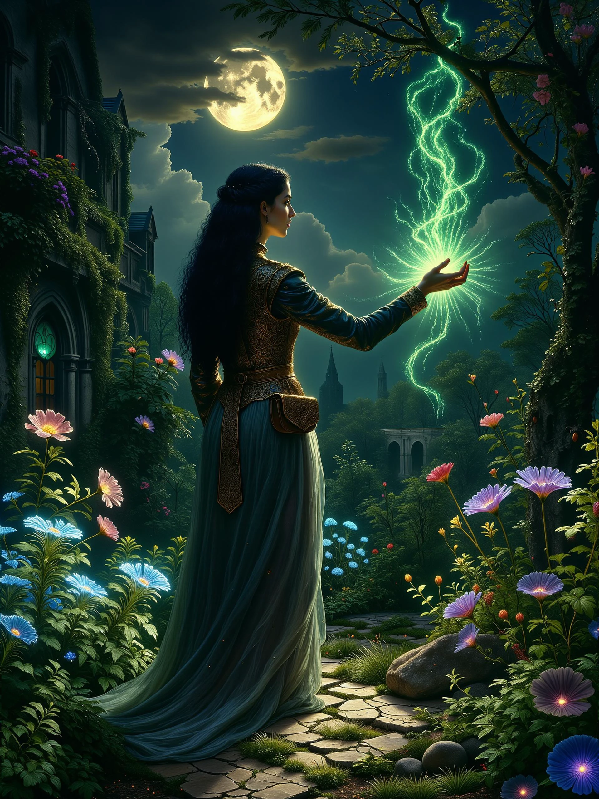 magical atmosphere, nature focus, dim lighting, highly detailed masterwork painting portraying a beautiful witch, sfumato, golden ratio, a serene nighttime scene of a gorgeous nature witch casting a spectacular teal and gold-colored spell over a flower bed in her magical garden, she stands gracefully on a narrow cobblestone path in her lush herb garden, her captivating eyes focused on the spell, while her long, silky black hair flows softly in the night breeze, she wears a flowing, intricately detailed ornate robe in shades of silver and teal, embroidered with floral motifs and a leather pouch filled with herbs at her side, her hands raised, tendrils of glowing green magic unfurling from her fingertips, illuminating the plants around her with mystical light, the distant moon, partially obscured by dramatic clouds, is casting dappled moonlight across the land, the mood is peaceful and enchanting, the scene exuding a quiet sense of wonder, the herb garden is filled with fantastical plants, some bioluminescent, others with surreal shapes, a nearby plant features glowing blue flowers with petals resembling spiraled seashells, casting an ethereal light, another plant has long, twisting leaves that sway gently in response to the witchâs magic, their edges faintly glowing purple, further back, a cluster of bulbous plants with translucent crimson roots pulse faintly, as if alive, contributing to the magical ambiance, the sky above is dramatic, with clouds drifting lazily, half obscuring the full moon, which bathes the garden in soft, silver dappled moonlight, casting gentle shadows and adding depth, the interplay of light and shadow enhances the dreamlike quality of the moment, the witchâs face is serene, reflecting her deep connection to nature, the plants around her vibrant and alive in response to her magical spell, the perspective is intimate, as though the viewer is standing just a few feet away, watching the witch in her natural element, her garden framed by the deep shadows of the night, the foreground is rich in detail, with vibrant plants, the shimmering light of the magic, and the texture of earth and moss beneath her feet, the painting captures the warmth of the scene despite the cool night air, with subtle golden hues blending with the deep greens and purples of the garden, the background features shadowy trees and vines, fading into the dark, mysterious forest beyond, the overall color palette is rich and dark, dominated by deep greens, soft blues, purples, and silver moonlight accentuating the magic and lush garden, the oil painting technique adds depth and texture, with soft, layered brushstrokes giving a sense of movement and life to the garden, detailed perfect hands, detailed background, dark corners, hkmagic, style of titian, <lora:style-titian-flux-by_tangbohu:0.72> <lora:style-wizards_and_witches-v2-flux-by_hailoknight:0.48> <lora:epic_gorgeous_details-balance-flux-by_flyway:0.56> <lora:image_enhancer-flux-by_dever:0.48>